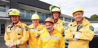 Volunteer rural fire fighters, from left, Lee Beloe, Steve Packer, Graham Staples, Nathan Palmer and Dean Hewitt left Nelson on Monday to help fight the bushfires in Australia. Photo: Simon Bloomberg.