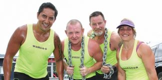 Members of the Wairua Mud Rookies from left; Greg Witika, Steve Fitzgerald, Al and Sharron Martin during their training on Sunday. Photo: Andrew Board.