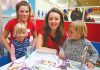 Eventful Kids supervisers Anika Kemp, left, and Jordan Livingston, having fun with Esther Dunne and Emilia Banks in the Richmond Mall on Monday. Photo: Simon Bloomberg