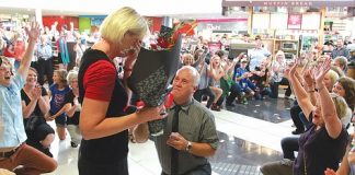 A flash mob turned into a marriage proposal at Richmond Mall on Saturday with Craig Kempton getting down on one knee to his bride-to-be Kathy Barton. Photos: Andrew Board.