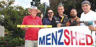 Helping launch the “Menzshed” for Nelson is from left; Mike Rodwell from the Nelson Residents Assocation, Jon Paul Pochin from Bicycle Bays, Graeme O’Brien, Shane Preston and Phil Chapman from the Male Room. Photo: Andrew Board.