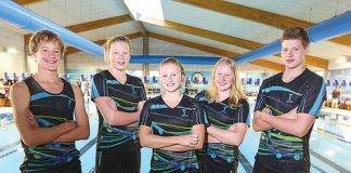 Tasman Swim Club swimmers Thomas Heaton, Caitlin Delany, Talya Harwood, Sara Gane and Sam McKenzie will be competing at the Australia Age Championship in Sydney next month. Photo: Phillip Rollo.
