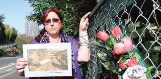 Corina Tasker holds a photo of the crash scene on Tahunanui Dr, where her father Ross (pictured) died 20 years ago. The cross marking his death has gone missing. Photo: Andrew Board.