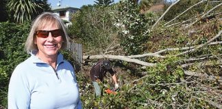 Tahunanui woman Judy Bartsch with a tree that fell from her property over her neighbours fence. Photo: Andrew Board.