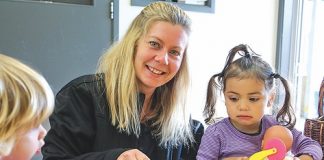 Early childhood education teacher Rebekah Cook has been shortlisted for the Pride of New Zealand Awards. With her are students Taylor Lindsay and Aurora Tarrant. Photo: Phillip Rollo.