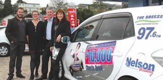 Getting ready for this year’s Car Company $10,000 Charity Drive is from left; Nelson Weekly editor Andrew Board, The Breeze radio announcer Breffni O’Rourke, Car Company owner Shane Drummond and Radioworks Nelson general manager Christine Hatton. Photo: Sarah Board.