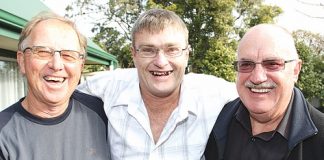 Mike Corkill, centre, with Richmond Lions Club president Alex Robertson, right, and club treasurer Terry Silcock. Photo: Andrew Board.