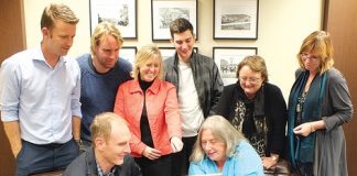 The Gigatown Nelson campaign team review the #gigabusiness videos showcasing Nelson’s digital innovation. They are from left; Greg Dykzeul, Patrick Kuiper, Matthew Dodd, Susan Schuler, John Gibson, Sue Jepson, Glenda Buschl and Karen Lee.