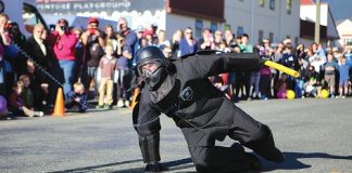 Terry Holland plays the role of an offender during a taser demonstration at the Nelson Police open day on Saturday. Photo: Phillip Rollo.