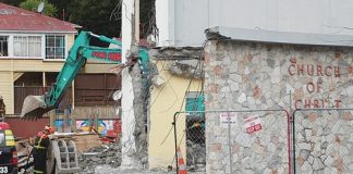 The Unite Church’s main auditorium coming down last week. Photo: Andrew Board.