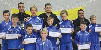 The Nelson Bays Football 12th grade futsal team that won a national tournament this month. They are pictured with three members of the Futsal Whites and are; Ethan Skinner, Luca Molnar, Adam Hillis, Ryan Mairs, Jack Morris, Marcus Sanderson, Luc Gellatly, Seb Hickman, Owen Barnett. Photo: Sue Morris.