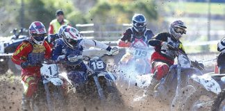 Motocross riders take off in one of the feature races during the Nelson Flat Track Champs over the weekend. Photo: Evan Barnes/Shuttersport.