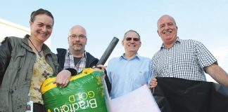 Bronwyn White from the district health board, Russ Aiton from the Nelson Tasman Housing Trust, Bill Dahlberg from the Canterbury Community Trust and Paul Brockie from Absolute Energy, have kick-started the Warmer Healthier Homes Project. Photo: Andrew Board.