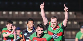 Rabbits' Cam Salton crosses over for a try in the dying minutes, while Tristan Laubscher celebrates in the background. Photo: Phillip Rollo.
