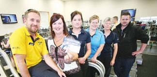 Walk With Us president Carol Shirley, second left, with ASB Aquatic and Fitness Centre staff from left, Pierre Holland, Crystal Gaiger, Lisa Stove, Bev Goodall and Vaughan Hope in the centre’s gym last Tuesday. Photo: Simon Bloomberg.