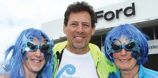 Former All Black captain and Blue September ambassador, Buck Shelford, with Amy Jenner of Rai Valley and Lyn Boulton from Nelson, at the MS Ford fun run. Photo: Andrew Board.