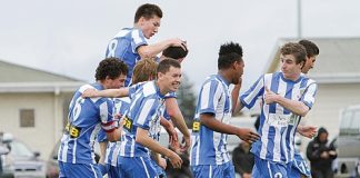 Falcons' players celebrate a goal against Canterbury United. Photo: Ricky Wilson/Shuttersport.