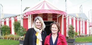 Nelson Arts Festival director Sophie Kelly and city councillor Gaile Noonan outside the Energy Centre at Founders Heritage Park after it was re-opened last Friday. Photo: Andrew Board.