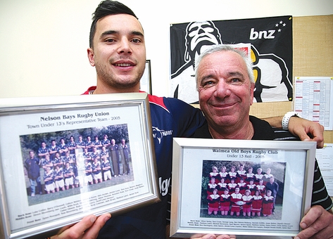 james2 Tasman Makos winger James Lowe with his father Geoff and some of his team photos from his junior rugby playing days. Photo: Simon Bloomberg.