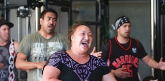 Awhina Kihi performs with other members of Te Whatukura Kapahaka club in the Wairua Body Coaching Systems gym at the Wakatu Estate last week, as part of the Nelson kapahaka group’s efforts to get “haka fit” for next year’s national competition. Photo: Andrew Board.