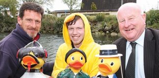 DRESSED UP DUCKS: As part of St John’s annual duck race down the Maitai River this Sunday, some local businesses have dressed up their sponsored ducks including, from left, Francis Lagrutta from Nelson Auto Glass, Rhys Griffith from St John and Keith Adams from Forsyth Barr. Photo: Andrew Board.