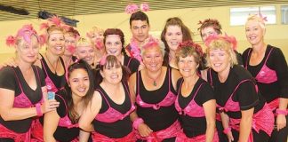The Peek A Boobies team at Boot Camp for Breast Cancer are from left; Cath Anderson, Dana Slierendrecht, Jo Turner, Janet Growcott, Helene Boulton, Tia Raumati, David Havili, Kim Parkinson, Moira Raumati, Carol Hargadon, Michaela Matenga, Carmel Kremmer, Lee Wharehinga, Caroline Young-Husband and Carol Parkinson. Photo: Jessie Johnston.