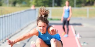 Waimea College student, Katie Thompson, competing in the long jump at last Saturday’s Tasman Athletics Club championships at Saxton Field. Photo: Simon Bloomberg.