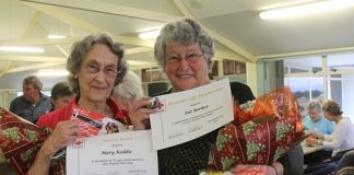 Red Cross honorary life members, Mary Keddie and Pat Borlase, were two of the 23 volunteers recognised for their contributions to the New Zealand Red Cross organisation. Photo: Jessie Johnston.
