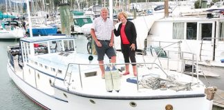 Pete and Judith Glue aboard Veca, after she was re-launched in the Nelson Marina this month. Photo: Simon Bloomberg.