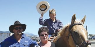 Three generations involved in the Richmond Rodeo last Saturday, from left, pick up rider, Ben Nisbett, Rodeo Treasurer, Sharon Nisbett and calf rider, Dustin Nisbett from Wai-iti. Photo: Monique Bergman.