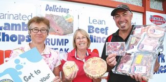 Neighbourhood Support Nelson coordinator, Karen Clark, left, with Stoke Bakery's Margaret McCarthy and Pestell's Rai Bacon Company's Chris Pestell. Photo: Simon Bloomberg.