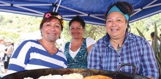 Sophia Takimoana, Sheryl Taaiari and Gaylene Te Hore cooking fried bread at the Kai Festival at Founders Heritage Park on Waitangi Day. Photo: Jacob Chandler.