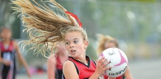 Waimea Intermediate's Peita Milne looks at her options during the Geraldine Hodgson pre-season netball tournament at Saxton Courts. Photo: Barry Whitnall/Shuttersport.
