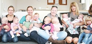 Mothers and their twins, from left, Keiko Melton with Emma and Kaori, Charlie Johnson with Sam and Summer, Jodie Colvin with Charlie and Macie, Rochelle Gambell with Elouise and Sophia, Chris Garner with Luca and Piper and Rebecca Cooke with Madeline and Sophie, at the Richmond Plunket Rooms. Photo: Simon Bloomberg.