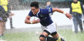 Nelson’s Tima Faingaanuku dodges the Harlequins defence and the puddles, as he makes a break at Trafalgar Park on Saturday. Photo: Evan Barnes/Shuttersport.