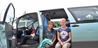 German freedom campers Anna Bregulla (left) and Annika Maier at Tahunanui Beach yesterday.